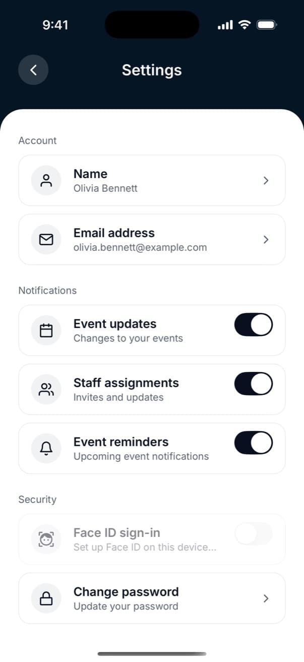 Settings with Face ID sign-in